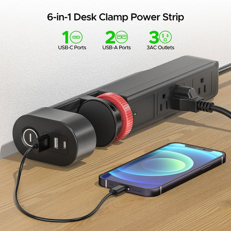 CRST Desk Clamp Power Strip | 3 Outlets + 3 USB (20W USB-C PD), 1020J Surge Protector - Magnadyne