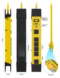 CRST Wide Spaced 6 Outlets Mountable Heavy Duty Metal Power Strip Surge Protector with Cord Wrapping Design, 15FT Power Cord - Magnadyne