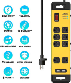 CRST Wide Spaced 8 Outlets Dural USB Mountable Metal Power Strip Surge Protector, 15FT Power Cord - Magnadyne