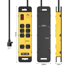 CRST Wide Spaced 8 Outlets Dural USB Mountable Metal Power Strip Surge Protector, 15FT Power Cord - Magnadyne