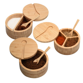 Eco-Friendly Bamboo Salt & Spice Cellar with Integrated Spoon – 1, 2, or 3 Compartments - Magnadyne