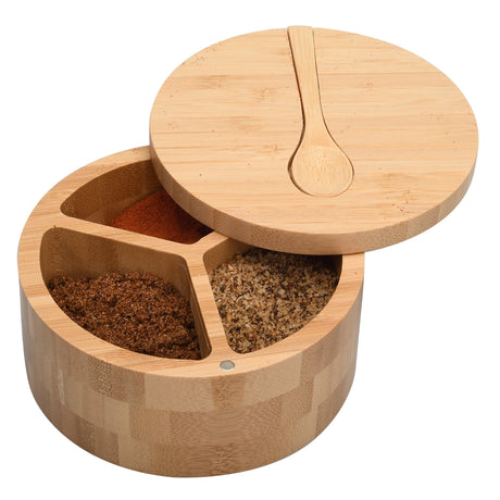 Eco-Friendly Bamboo Salt & Spice Cellar with Integrated Spoon – 1, 2, or 3 Compartments - Magnadyne