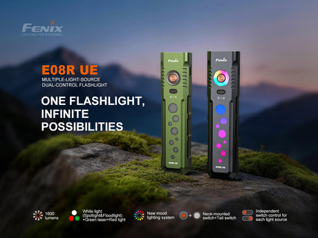 Fenix E08R UE Multi-Light EDC Flashlight With Red Light & Green Laser - Magnadyne