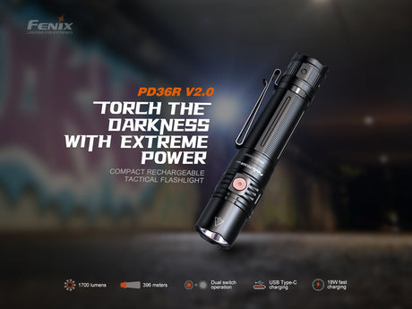 Fenix PD36R V2 Compact Rechargeable Tactical Flashlight - 1700 Lumens - Magnadyne