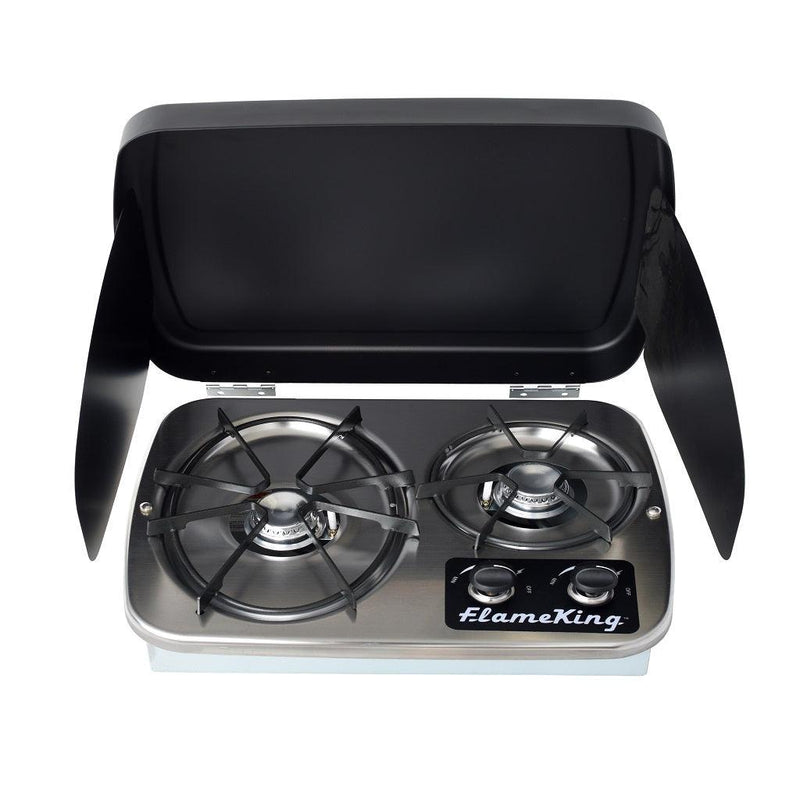 Flame King 2 Burner Built - In RV Trailer Stove with Wind Shield - Magnadyne