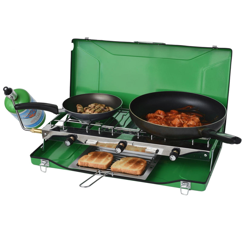 Flame King Portable 3 Burner Grill Propane Gas Camping Stove Toast Tray - Magnadyne