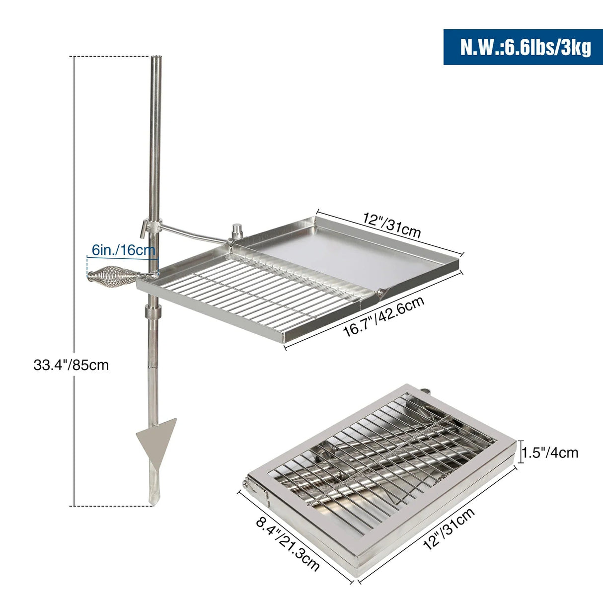 Folding Swivel Campfire Grill Heavy Duty Steel Grate with Carrying Bag for Outdoor Open Flame Cooking - Magnadyne