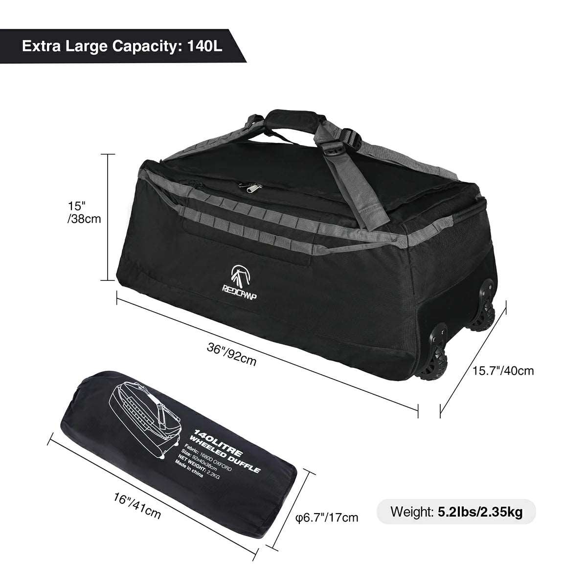 Large Duffle Bag with Wheels and Backpack Straps 100/120/140L