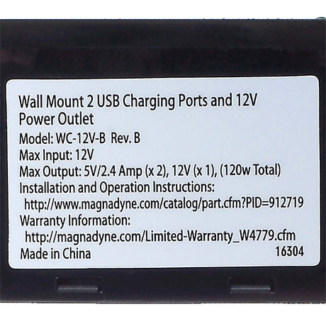 Magnadyne WCP - 12V - B | Wall Mount USB Charger | 2 Ports and 12V Power Outlet w/ Wall Plate - Magnadyne