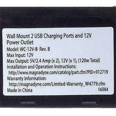 Magnadyne WCP - 12V - B | Wall Mount USB Charger | 2 Ports and 12V Power Outlet w/ Wall Plate - Magnadyne