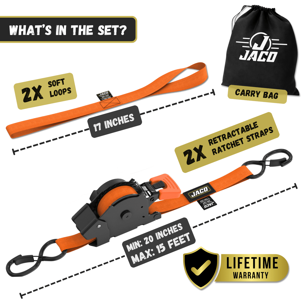 Retractable Ratchet Straps - 1" x 15 ft (1,760 lbs Break Strength) | Auto Self Retracting Cargo Tie Down Strap Set - Magnadyne