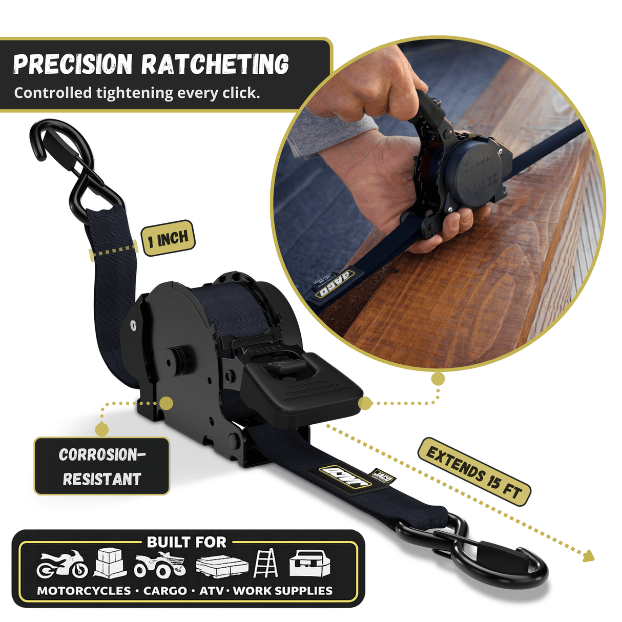 Retractable Ratchet Straps - 1" x 15 ft (1,760 lbs Break Strength) | Auto Self Retracting Cargo Tie Down Strap Set - Magnadyne