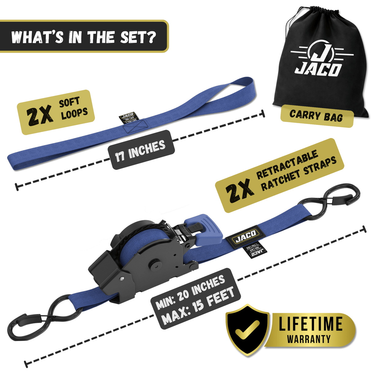 Retractable Ratchet Straps - 1" x 15 ft (1,760 lbs Break Strength) | Auto Self Retracting Cargo Tie Down Strap Set - Magnadyne