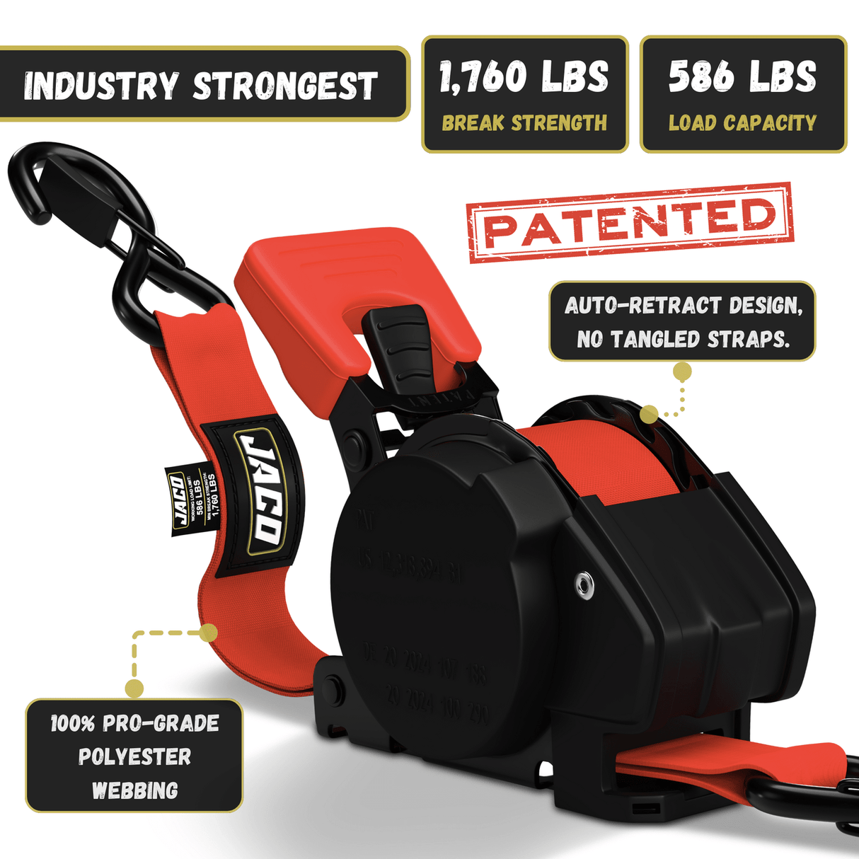 Retractable Ratchet Straps - 1" x 15 ft (1,760 lbs Break Strength) | Auto Self Retracting Cargo Tie Down Strap Set - Magnadyne