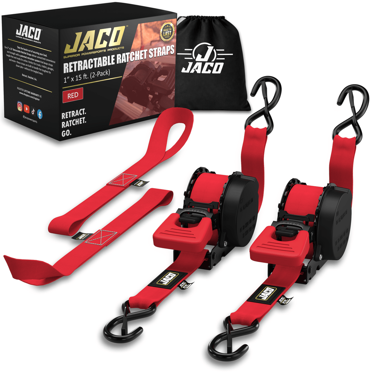 Retractable Ratchet Straps - 1" x 15 ft (1,760 lbs Break Strength) | Auto Self Retracting Cargo Tie Down Strap Set - Magnadyne