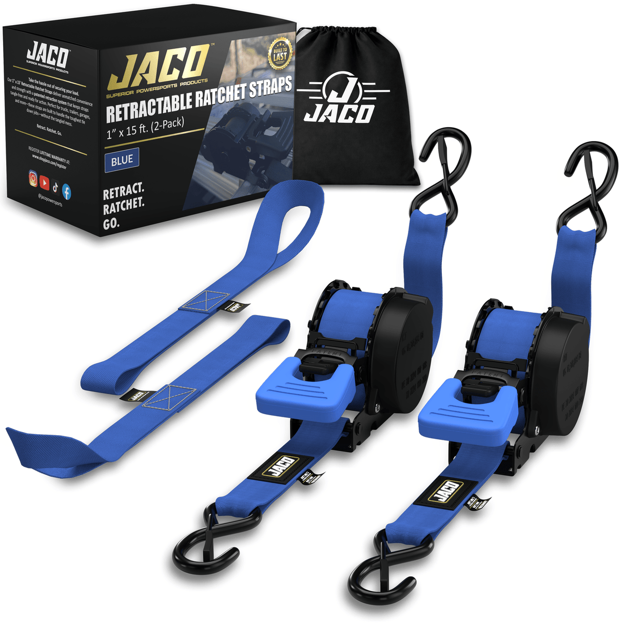 Retractable Ratchet Straps - 1" x 15 ft (1,760 lbs Break Strength) | Auto Self Retracting Cargo Tie Down Strap Set - Magnadyne