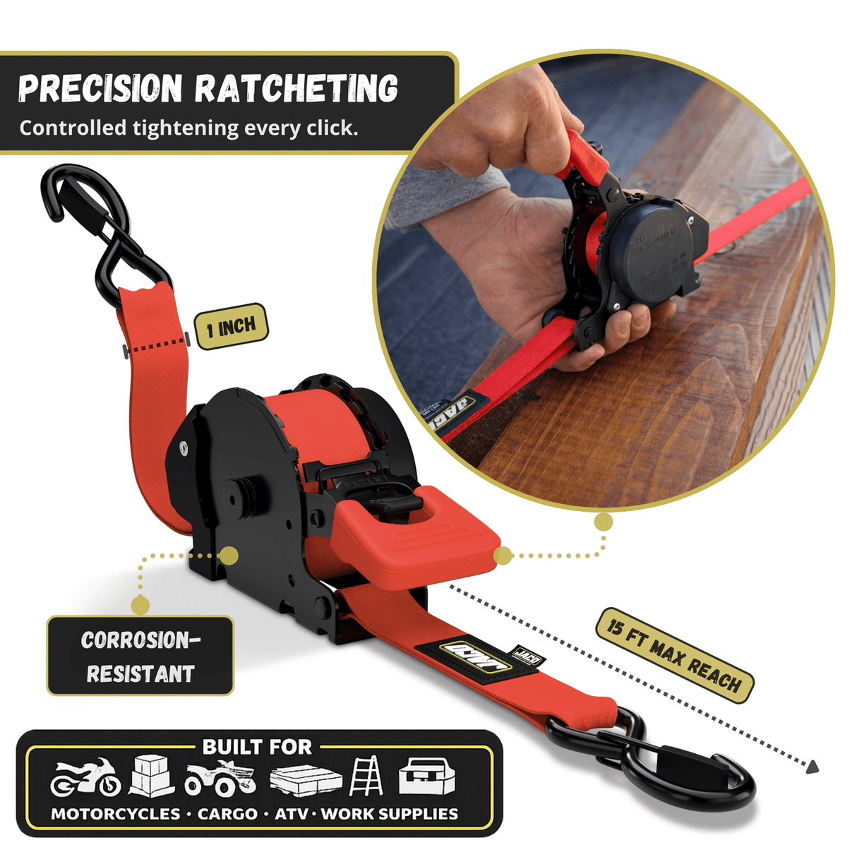 Retractable Ratchet Straps - 1" x 15 ft (1,760 lbs Break Strength) | Auto Self Retracting Cargo Tie Down Strap Set - Magnadyne