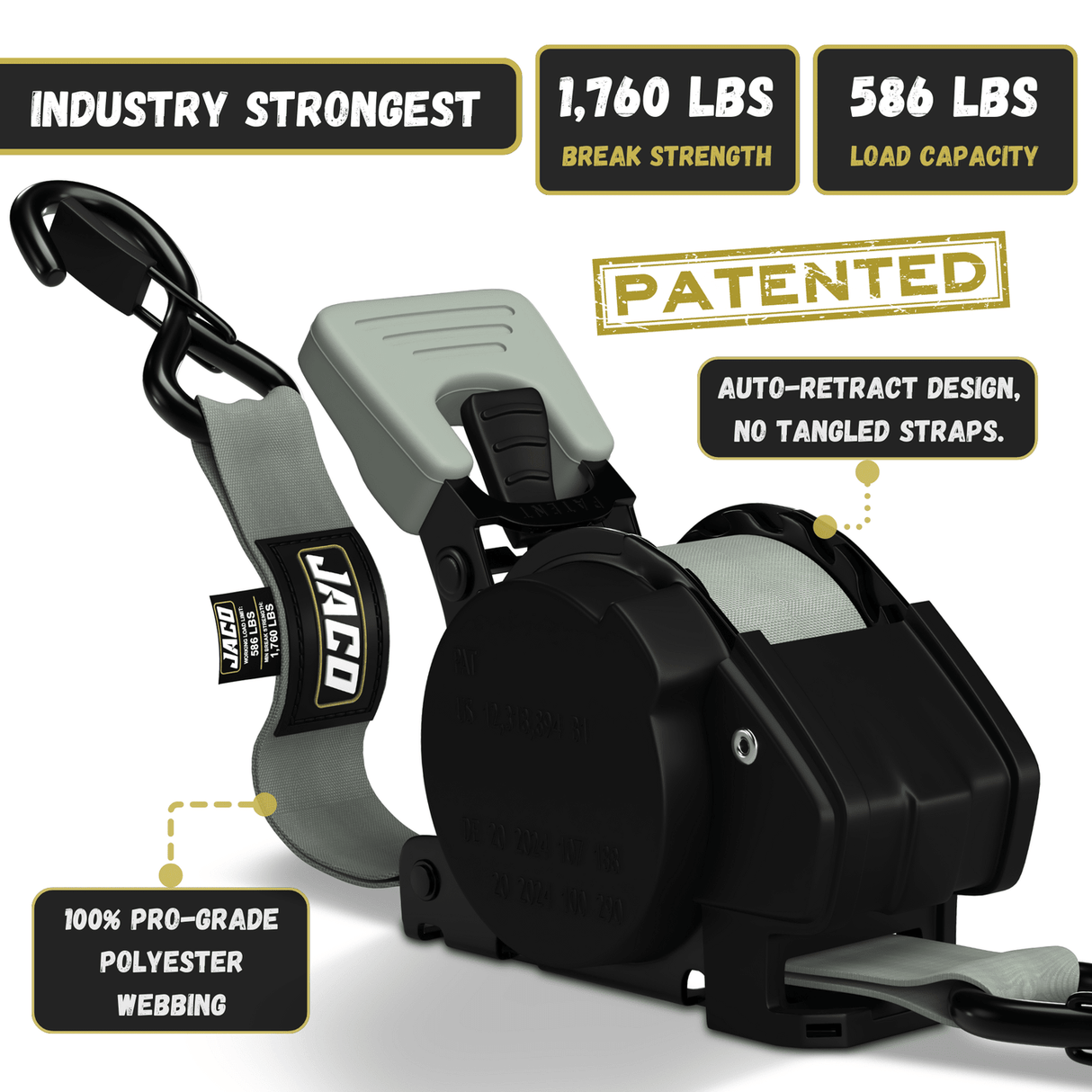 Retractable Ratchet Straps - 1" x 15 ft (1,760 lbs Break Strength) | Auto Self Retracting Cargo Tie Down Strap Set - Magnadyne