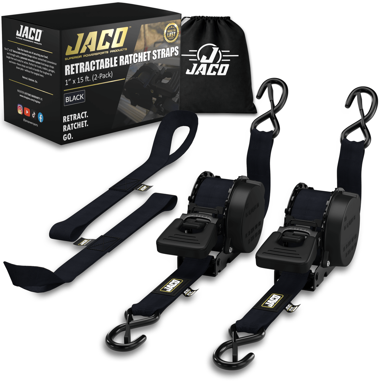 Retractable Ratchet Straps - 1" x 15 ft (1,760 lbs Break Strength) | Auto Self Retracting Cargo Tie Down Strap Set - Magnadyne