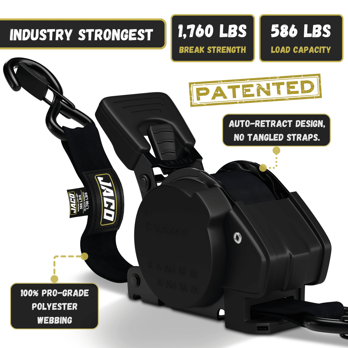 Retractable Ratchet Straps - 1" x 15 ft (1,760 lbs Break Strength) | Auto Self Retracting Cargo Tie Down Strap Set - Magnadyne