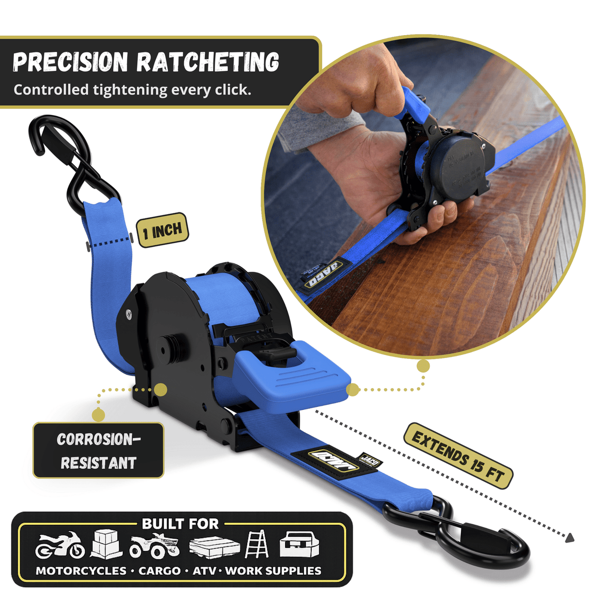 Retractable Ratchet Straps - 1" x 15 ft (1,760 lbs Break Strength) | Auto Self Retracting Cargo Tie Down Strap Set - Magnadyne