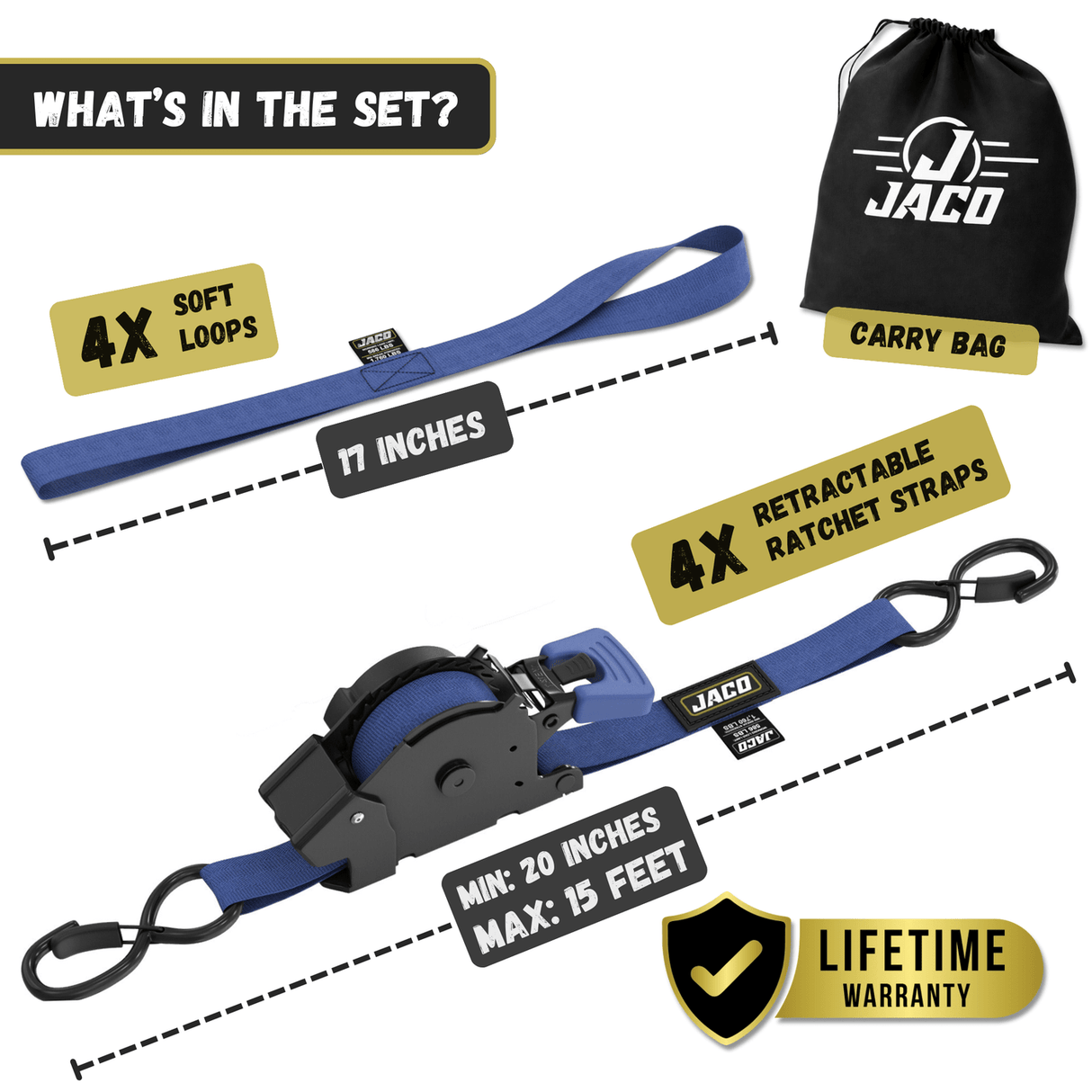 Retractable Ratchet Straps - 1" x 15 ft (1,760 lbs Break Strength) | Auto Self Retracting Cargo Tie Down Strap Set - Magnadyne