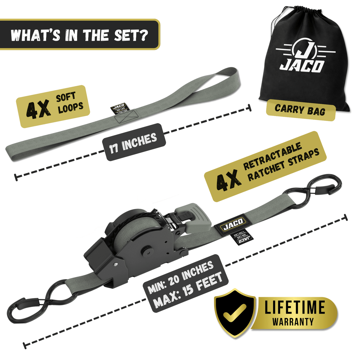 Retractable Ratchet Straps - 1" x 15 ft (1,760 lbs Break Strength) | Auto Self Retracting Cargo Tie Down Strap Set - Magnadyne
