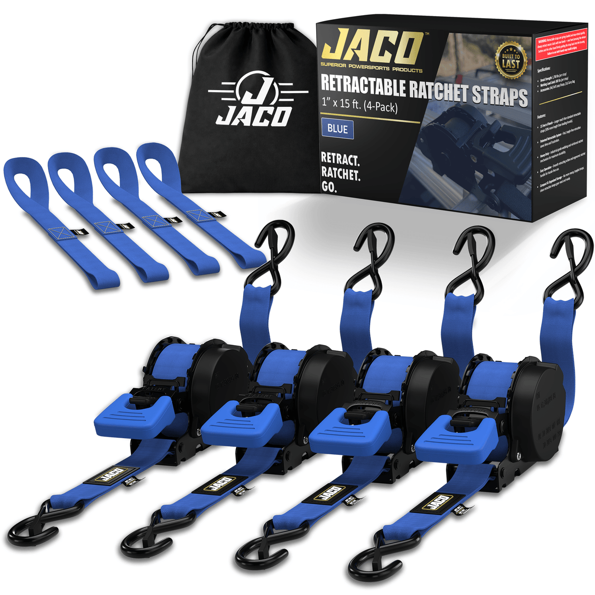 Retractable Ratchet Straps - 1" x 15 ft (1,760 lbs Break Strength) | Auto Self Retracting Cargo Tie Down Strap Set - Magnadyne