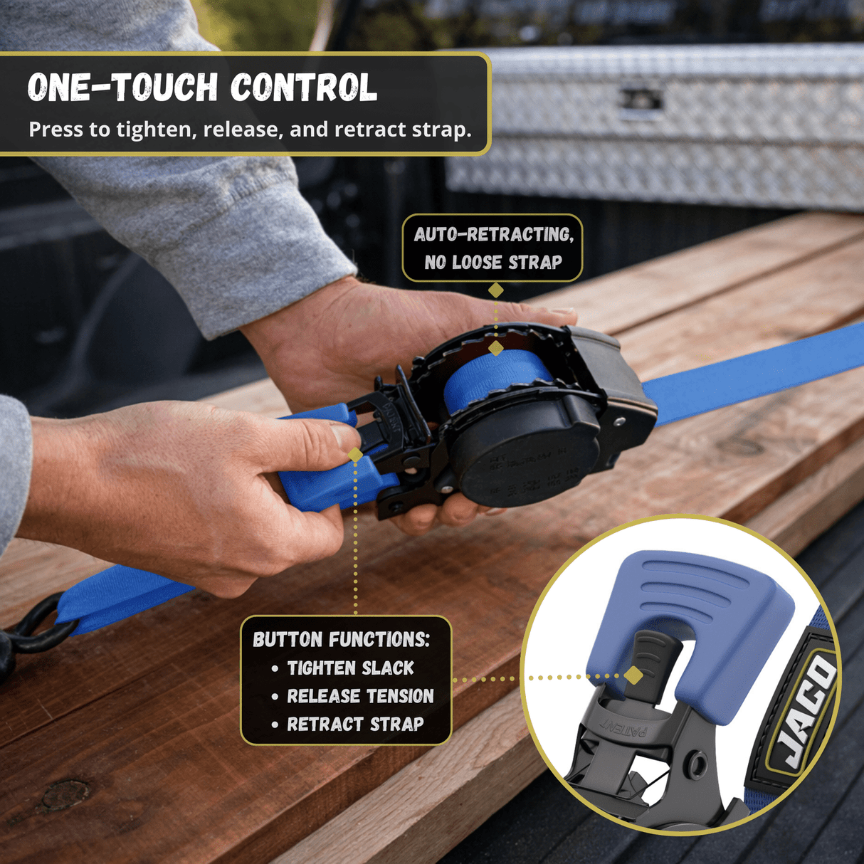 Retractable Ratchet Straps - 1" x 15 ft (1,760 lbs Break Strength) | Auto Self Retracting Cargo Tie Down Strap Set - Magnadyne