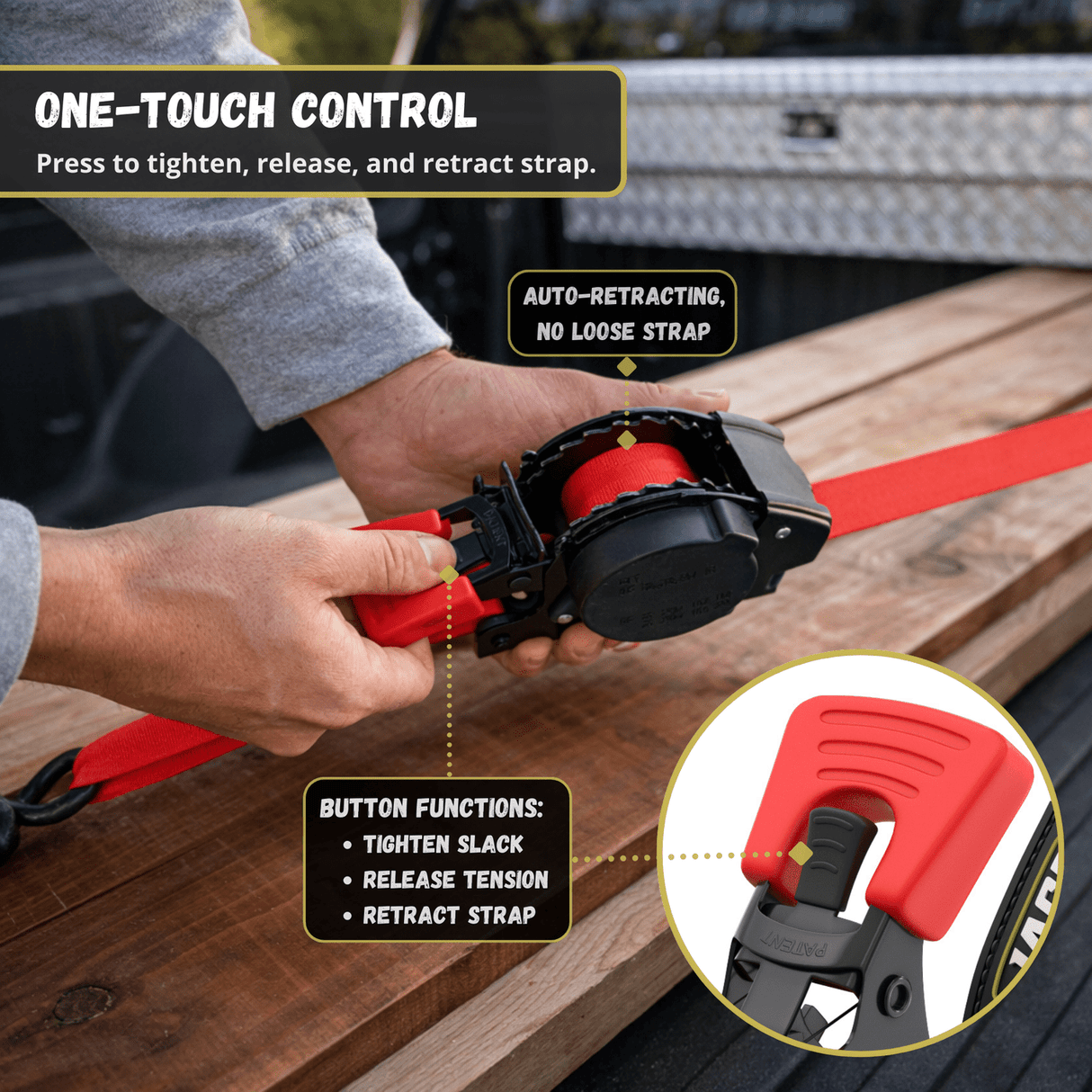 Retractable Ratchet Straps - 1" x 15 ft (1,760 lbs Break Strength) | Auto Self Retracting Cargo Tie Down Strap Set - Magnadyne
