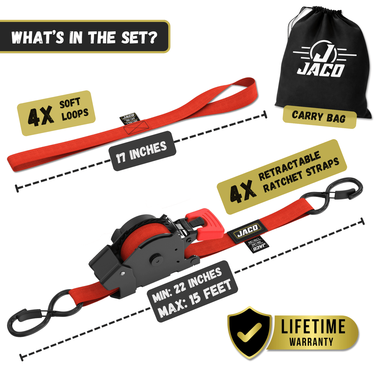Retractable Ratchet Straps - 1" x 15 ft (1,760 lbs Break Strength) | Auto Self Retracting Cargo Tie Down Strap Set - Magnadyne