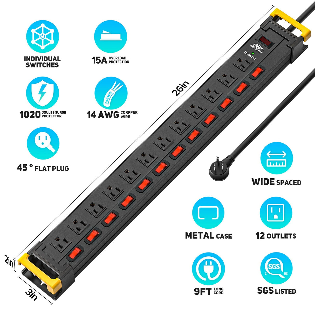 CRST 12 Outlets Individual Switches Power Strip Surge Protector with Cord Holding Design, 9FT Flat Plug Power Cord