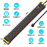 CRST 12 Outlets Individual Switches Power Strip Surge Protector with Cord Holding Design, 9FT Flat Plug Power Cord