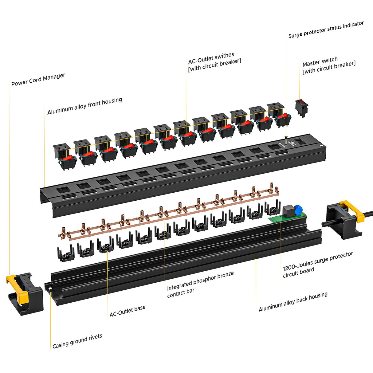 CRST 12 Outlets Individual Switches Power Strip Surge Protector with Cord Holding Design, 9FT Flat Plug Power Cord