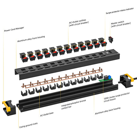CRST 12 Outlets Individual Switches Power Strip Surge Protector with Cord Holding Design, 9FT Flat Plug Power Cord