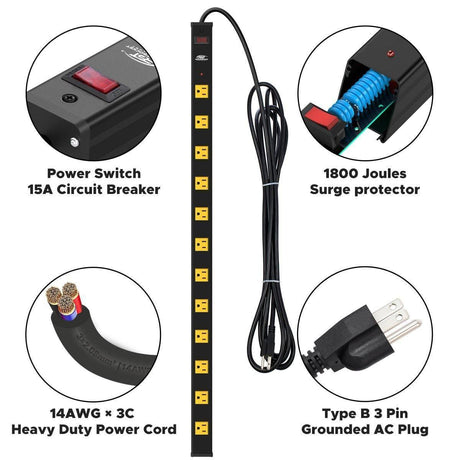 CRST 2.6" Wide Spaced 12 Outlets Mountable Metal Power Strip Surge Protector, Optional 6FT or 15FT Power Cord, Mounting Brackets included