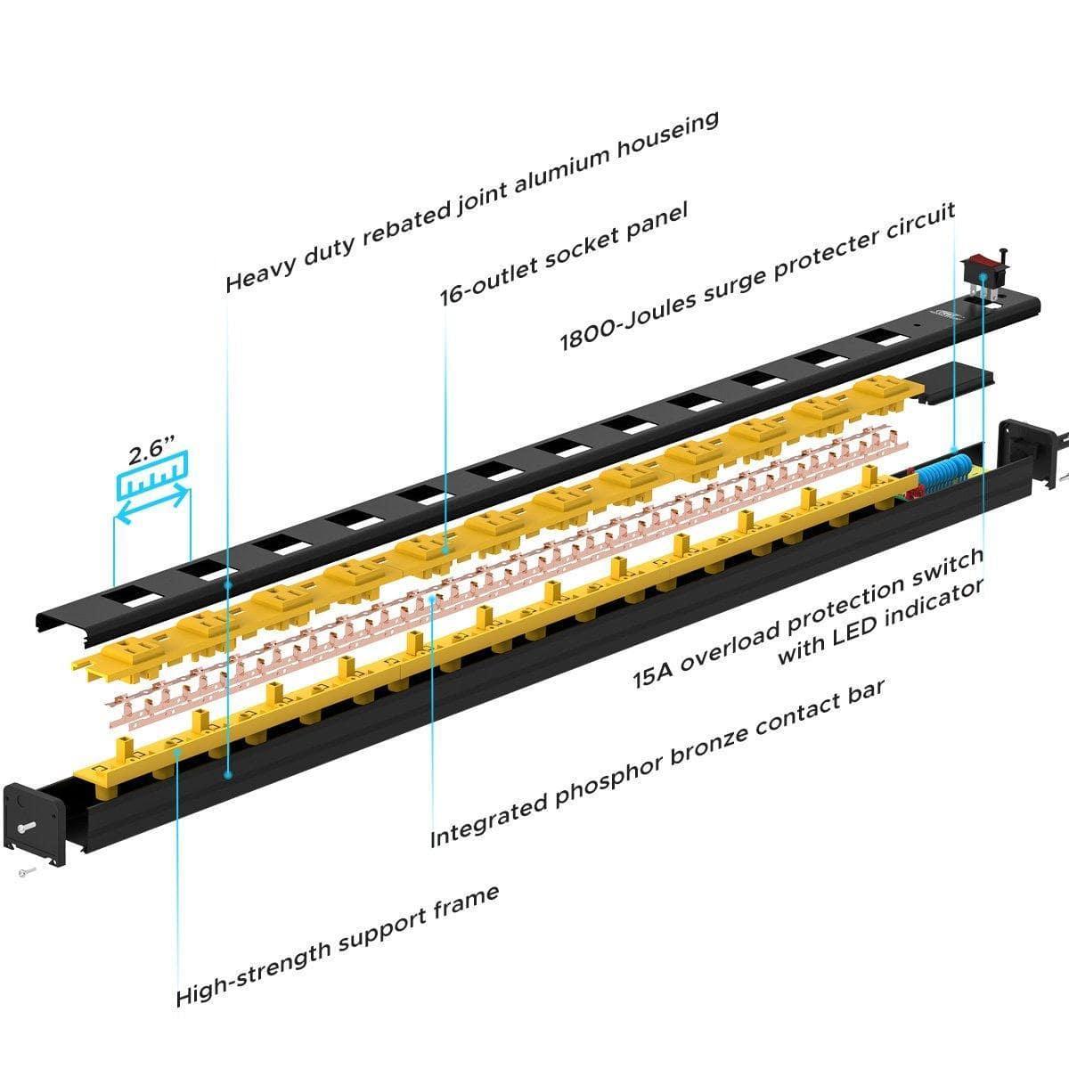 CRST 2.6" Wide Spaced 12 Outlets Mountable Metal Power Strip Surge Protector, Optional 6FT or 15FT Power Cord, Mounting Brackets included