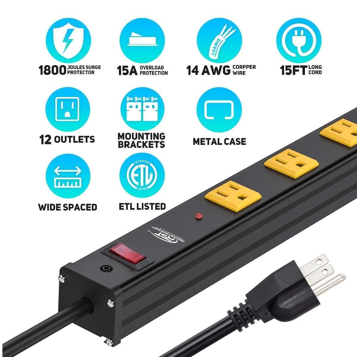 CRST 2.6" Wide Spaced 12 Outlets Mountable Metal Power Strip Surge Protector, Optional 6FT or 15FT Power Cord, Mounting Brackets included