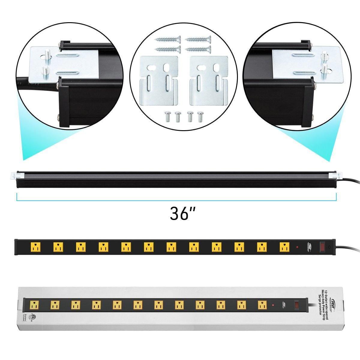 CRST 2.6" Wide Spaced 12 Outlets Mountable Metal Power Strip Surge Protector, Optional 6FT or 15FT Power Cord, Mounting Brackets included