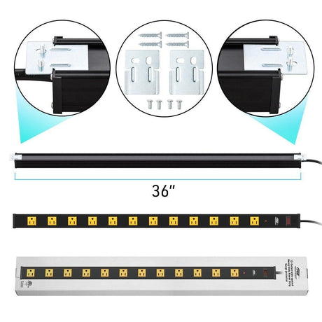 CRST 2.6" Wide Spaced 12 Outlets Mountable Metal Power Strip Surge Protector, Optional 6FT or 15FT Power Cord, Mounting Brackets included