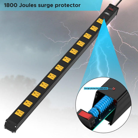 CRST 2.6" Wide Spaced 12 Outlets Mountable Metal Power Strip Surge Protector, Optional 6FT or 15FT Power Cord, Mounting Brackets included