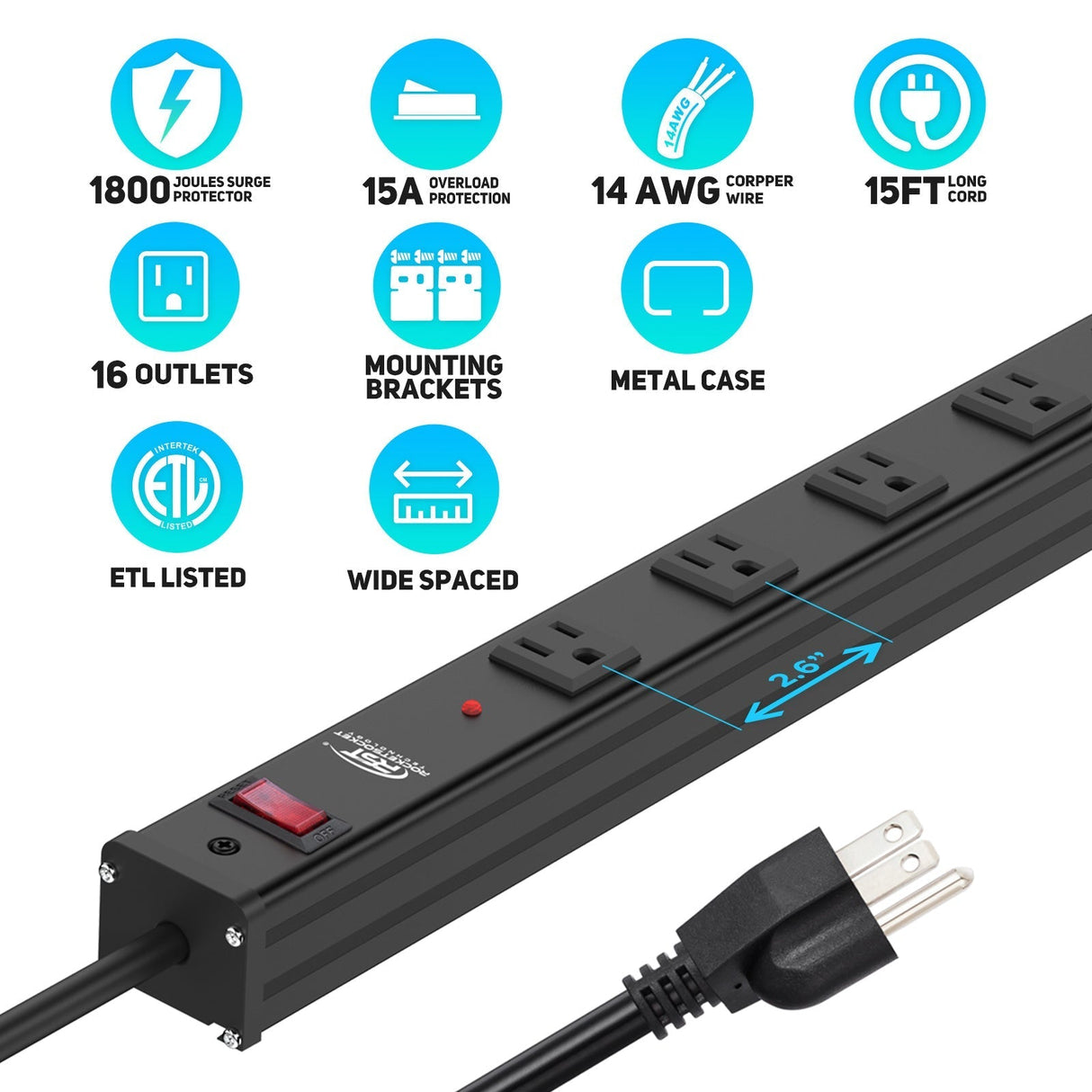 CRST 2.6" Wide Space 16 Outlets Mountable Metal Power Strip Surge Protector, 15FT Power Cord, Mounting Brackets Included