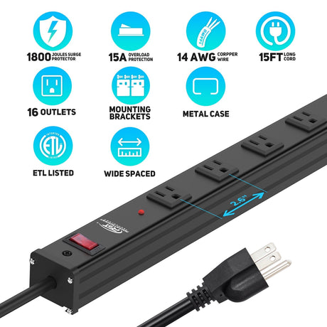 CRST 2.6" Wide Space 16 Outlets Mountable Metal Power Strip Surge Protector, 15FT Power Cord, Mounting Brackets Included