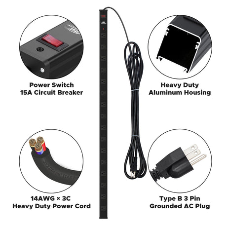 CRST 2.6" Wide Space 16 Outlets Mountable Metal Power Strip Surge Protector, 15FT Power Cord, Mounting Brackets Included
