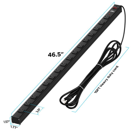 CRST 2.6" Wide Space 16 Outlets Mountable Metal Power Strip Surge Protector, 15FT Power Cord, Mounting Brackets Included