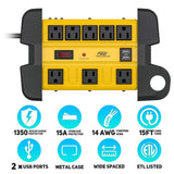 CRST 8 Outlets Dural USB Mountable Metal Power Strip Surge Protector with Cord Wrapping Design, Optional 15FT or 6FT Power Cord