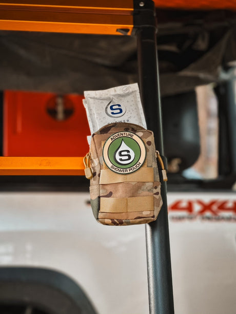 Tactical Molle Zipper Bag + Adventure Sampler Kit: 4 Shower Pouches, 1 Hand Sanitizer, 1 Deodorant - Magnadyne