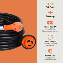 TechnoRV 30 - Amp Indoor/Outdoor Extension Cord – 50ft – Locking - Magnadyne