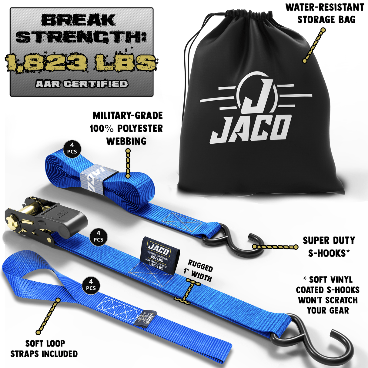 Tie Down Ratchet Straps (4 Pack) - 1 in x 15 ft | AAR Certified Break Strength (1,823 lbs) | Cargo Tie Down Set - Magnadyne