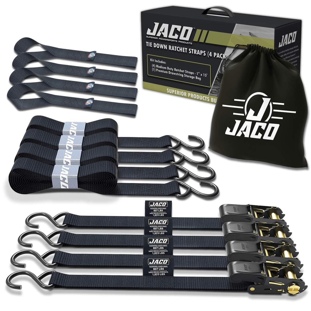 Tie Down Ratchet Straps (4 Pack) - 1 in x 15 ft | AAR Certified Break Strength (1,823 lbs) | Cargo Tie Down Set - Magnadyne